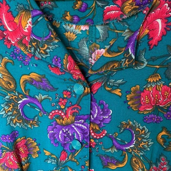 Vintage Alfred Dunner Teal Floral Damask Print Short Sleeve Shirt - Picture 6 of 9